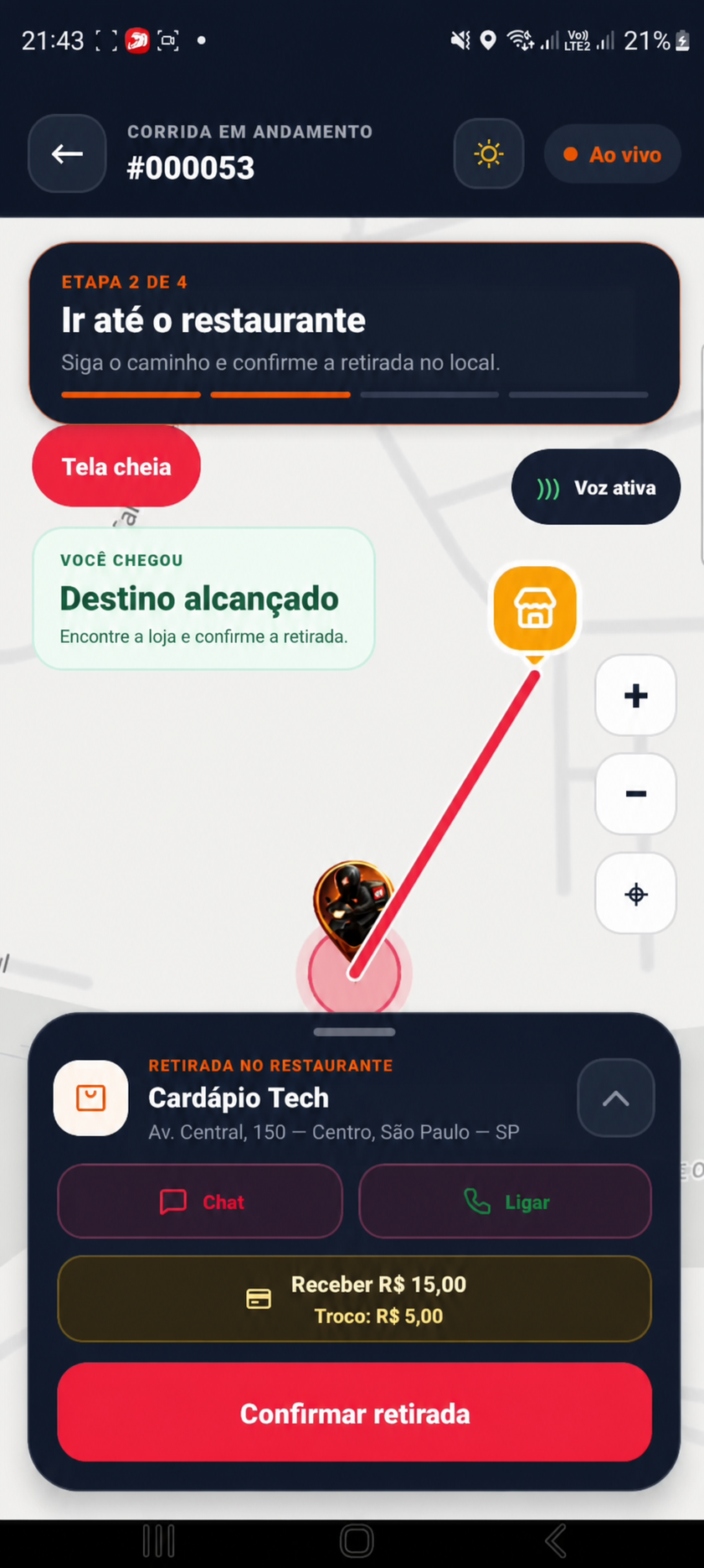 Tela atual do entregador: chegada ao restaurante e confirmação da retirada