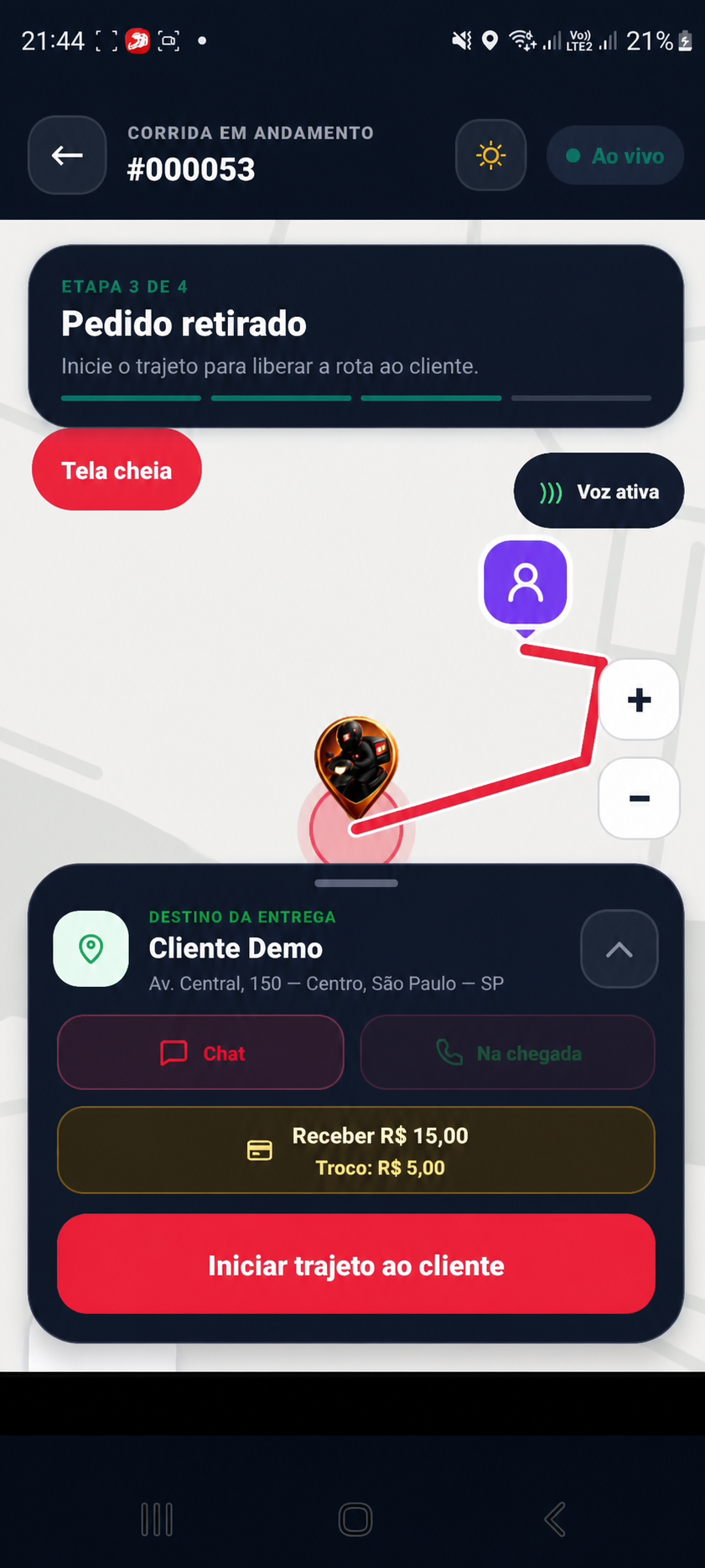 Tela atual do entregador: pedido retirado e início do trajeto até o cliente